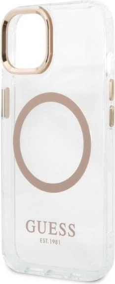 Mbështjellës Guess GUHMP13MHTRMD për iPhone 13 6.1", Metal Outline Magsafe, Ari/Transparent