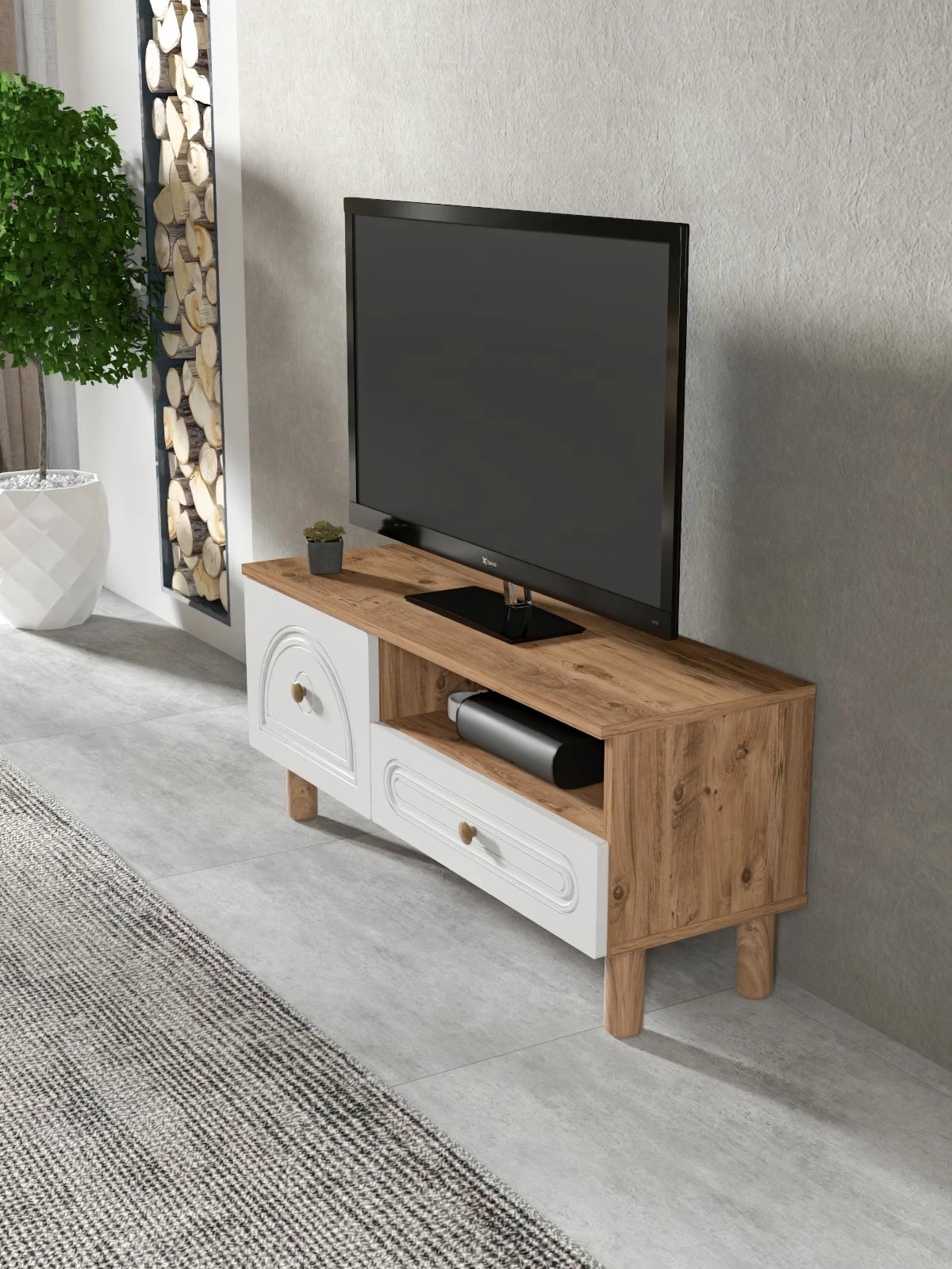 Komodë TV Skye Decor, Mavora 105, ngjyrë Atlantic Pine dhe e bardhë