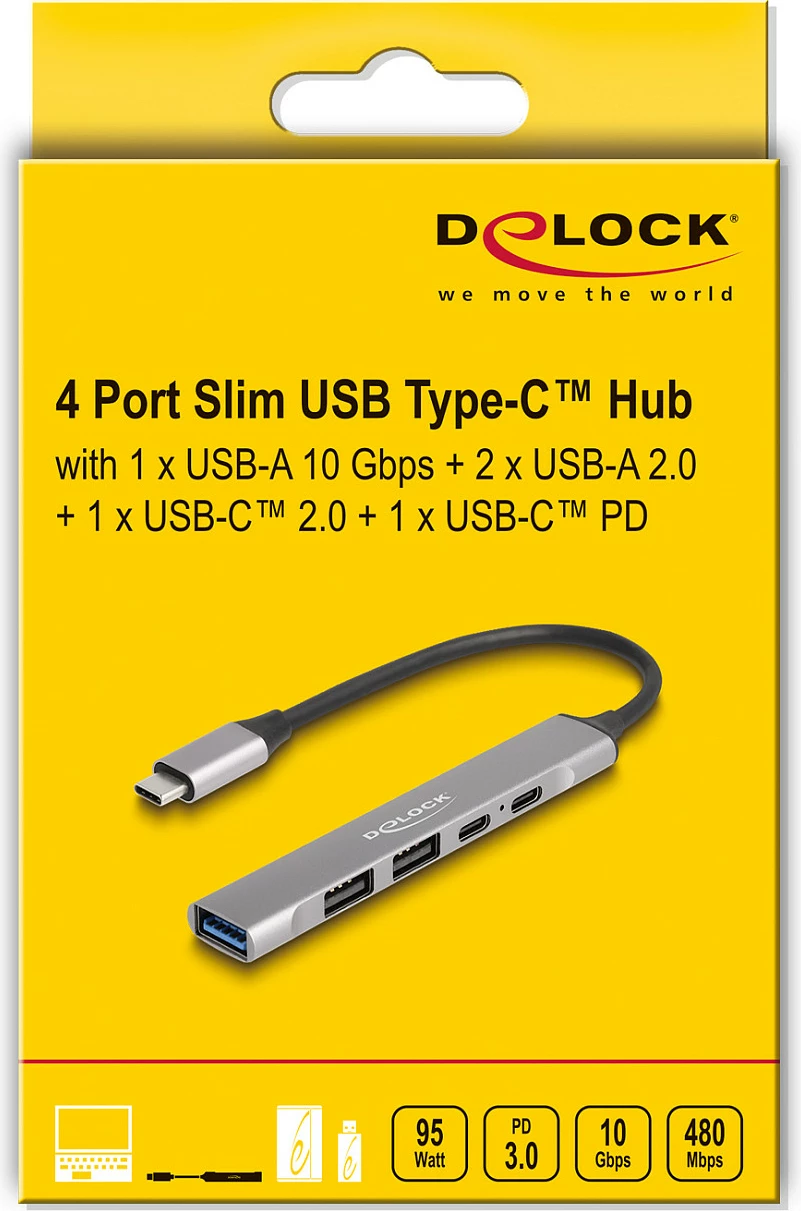 USB-C hub DeLOCK Slim 4-port, 1x USB-A 10Gbps + 2x USB-A 2.0 + USB-C PD 95W, gri