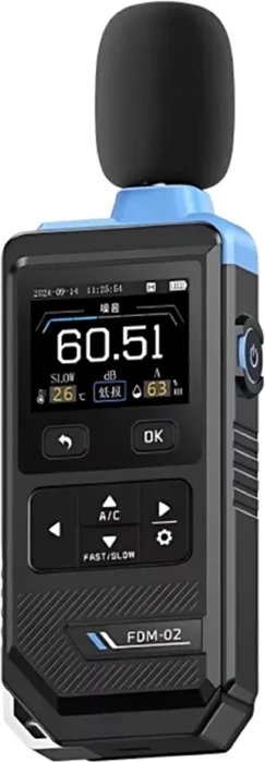 Matës i nivelit të zhurmës FNIRSI FDM-02, 30–130 dB, ekran TFT 2.0", A/C weighting, FAST/SLOW, temperaturë/lagështi, bateri 1500 mAh, i zi/blu, set me kabllo USB dhe çantë