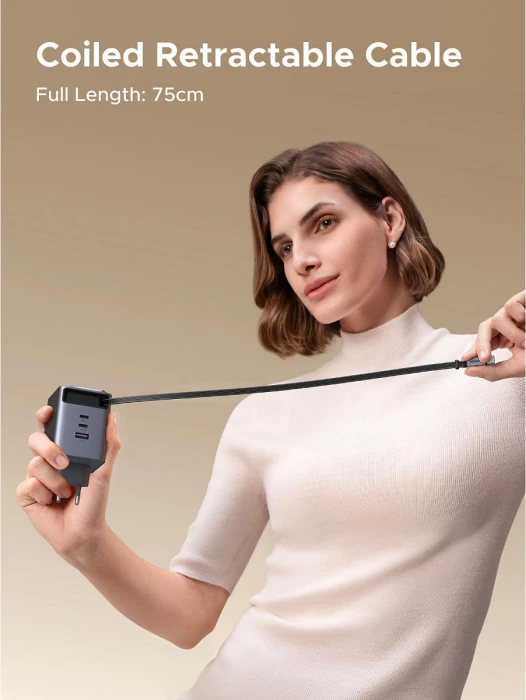 Karikues USB-C GaN UGREEN X616 (65828) 100W me kabllo tërheqëse 0.75 m, 4 porta, gri