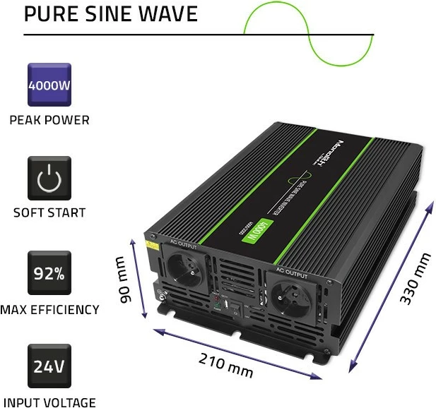 Konvertues voltazhi Qoltec Monolith 51939, 2000W/4000W, 24V në 230V, grafit