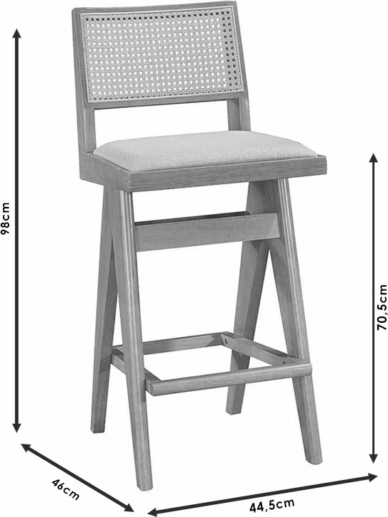 Karrige për bar Winslow, dru rubberwood, ngjyrë e zezë, ratan pvc natyral, ulëse gri, set prej 2 copë, 44.5x46x98cm