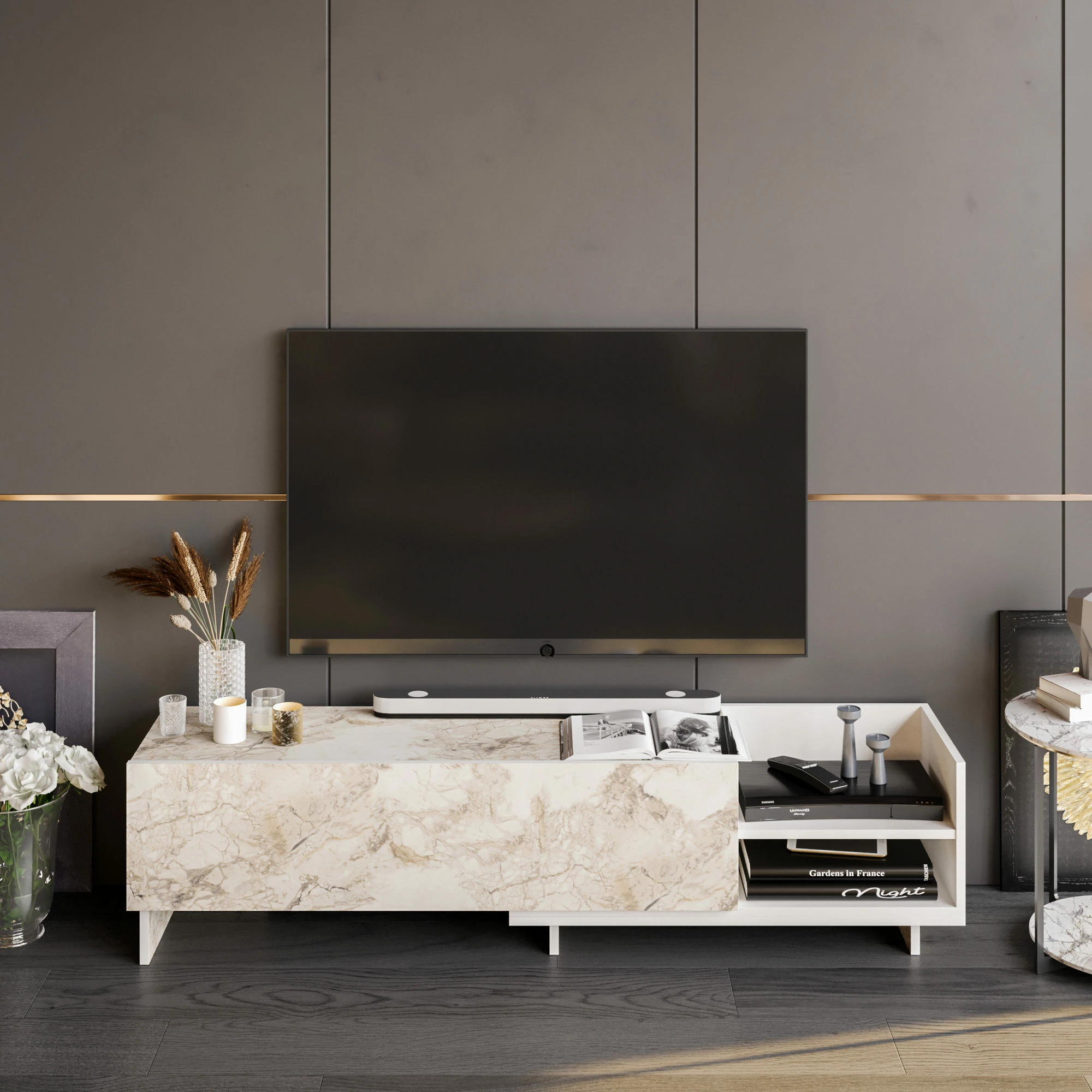 Komodë TV Parion, e bardhë, Hanah Home