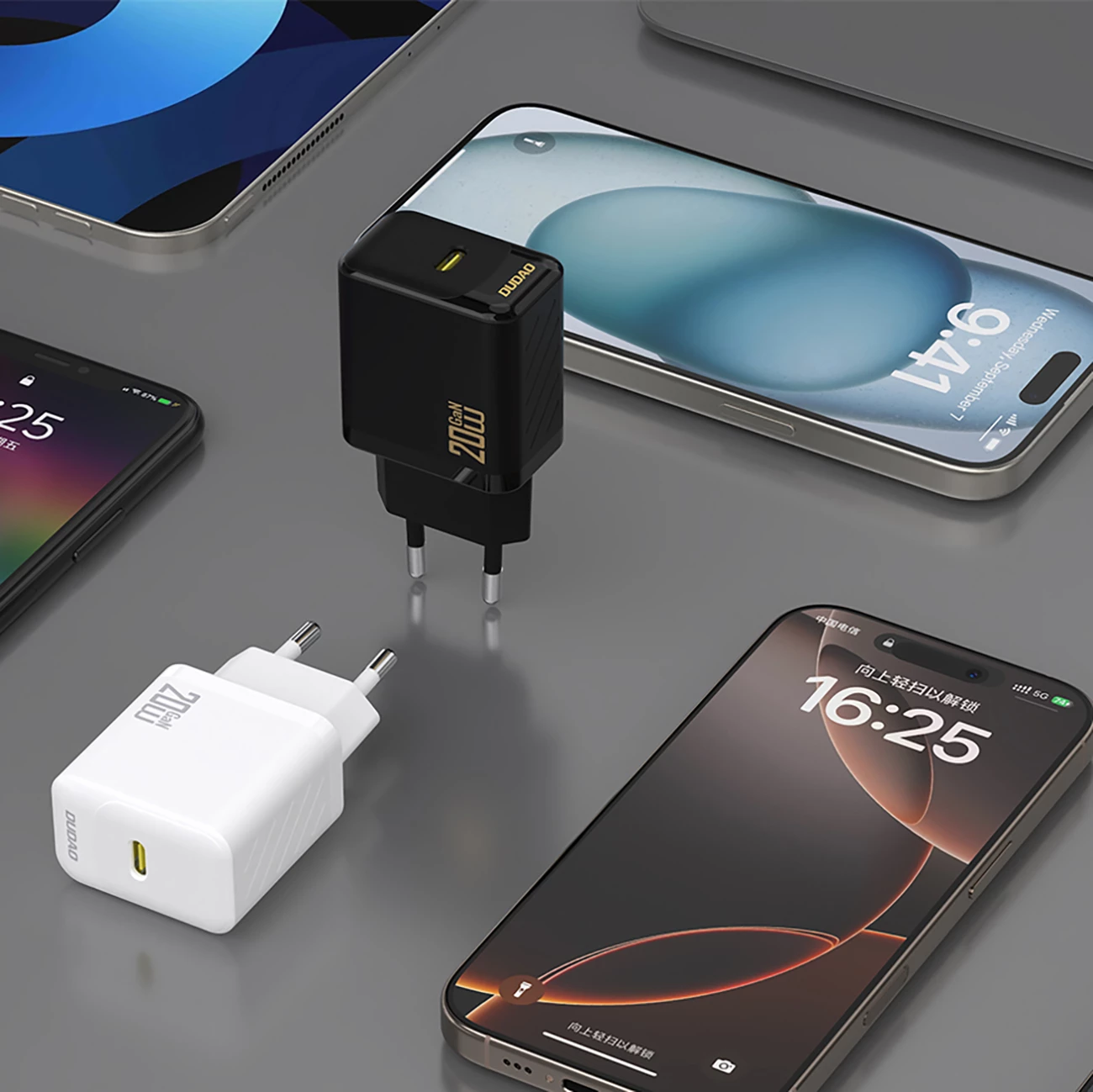 Karikues muri, Dudao A26LEU, PD 20W GaN, port USB-C, prizë EU, me kabllo USB-C në Lightning, i zi
