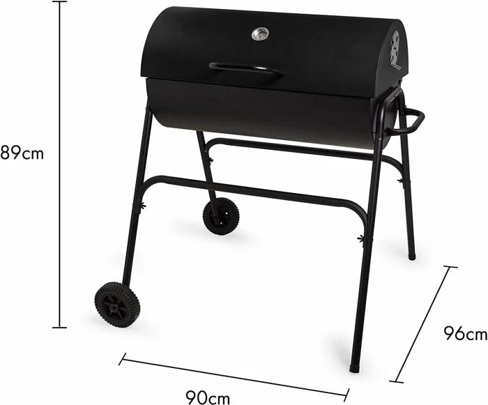 Skare me qymyr VONHAUS Barrel 2500375, me kapak të thellë, termometër, raft ngrohës, me rrota, e zezë