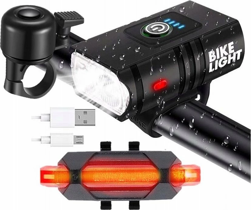 Set dritash biçiklete NoName 1600lm, microUSB, përpara/mbrapa, i zi, 2 copë