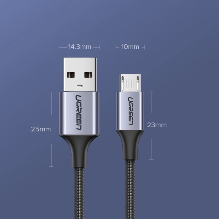 Kabllo USB-A në Micro USB UGREEN 60148 2m 2.4A e zezë/argjend