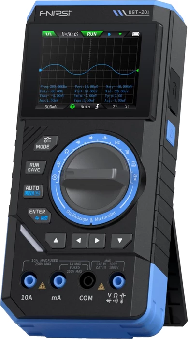 Multimetër digjital 3-në-1 FNIRSI DST-201 True RMS me osciloskop 1 MHz, gjenerator sinjali DDS 0–10 kHz, ekran 2.8" TFT, zi/blu