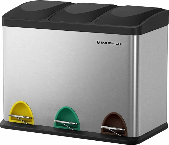 kosh plehrash për ndarje mbeturinash SONGMICS LTB45L 45L (3x15L), me 3 pedale, inox/argjendtë