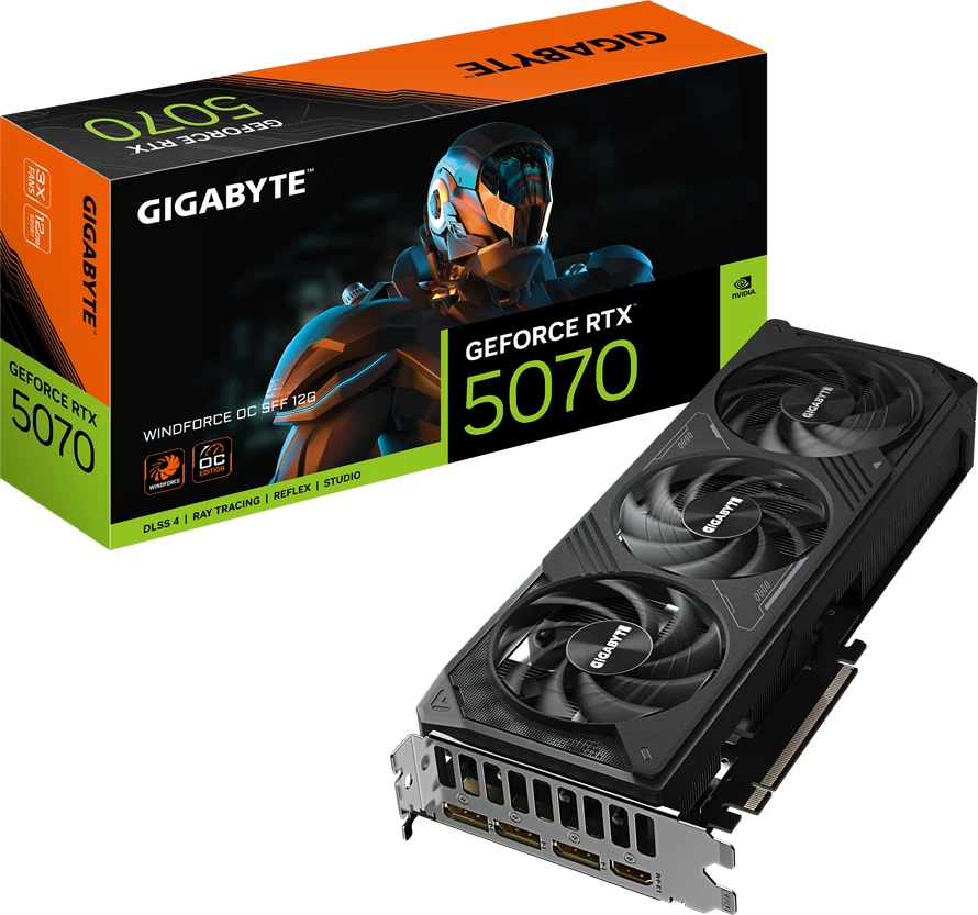 Kartelë grafike GIGABYTE GeForce RTX 5070 WINDFORCE OC SFF 12G, 12GB GDDR7 192-bit, PCIe 5.0, 3x DP, 1x HDMI, 16-pin, e zezë