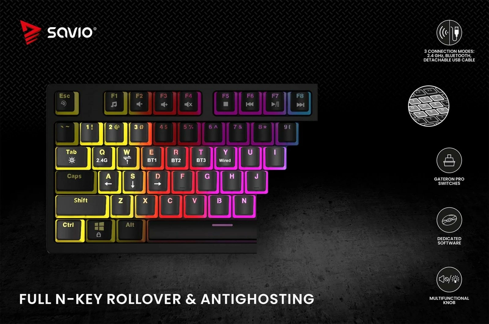 Tastierë mekanike wireless Savio PHENIX, Gateron Red Pro, Pudding, e zezë