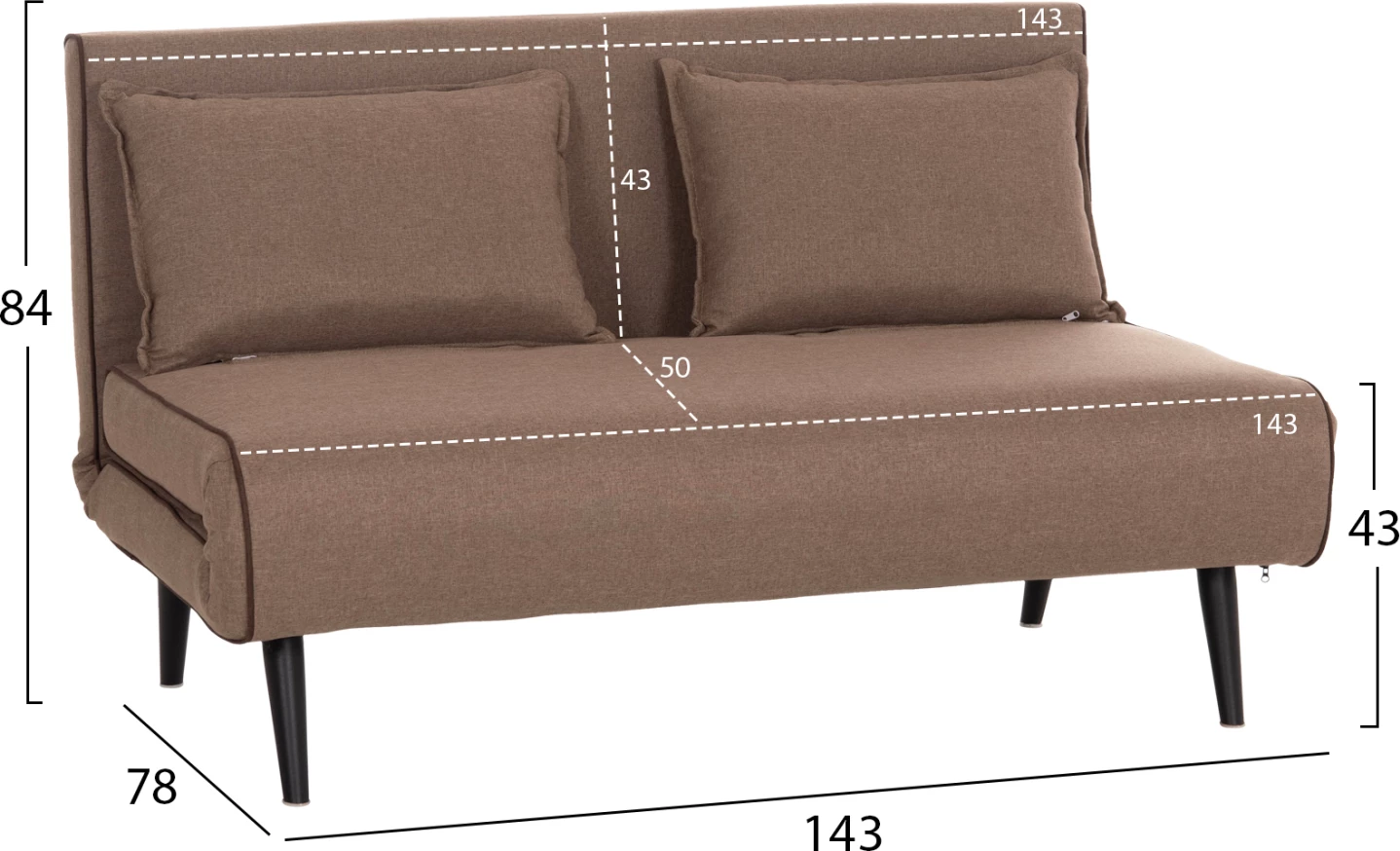 Sofabed për 2 persona ASMA, material stof, ngjyrë bezhë e errët, 143x78x84cm