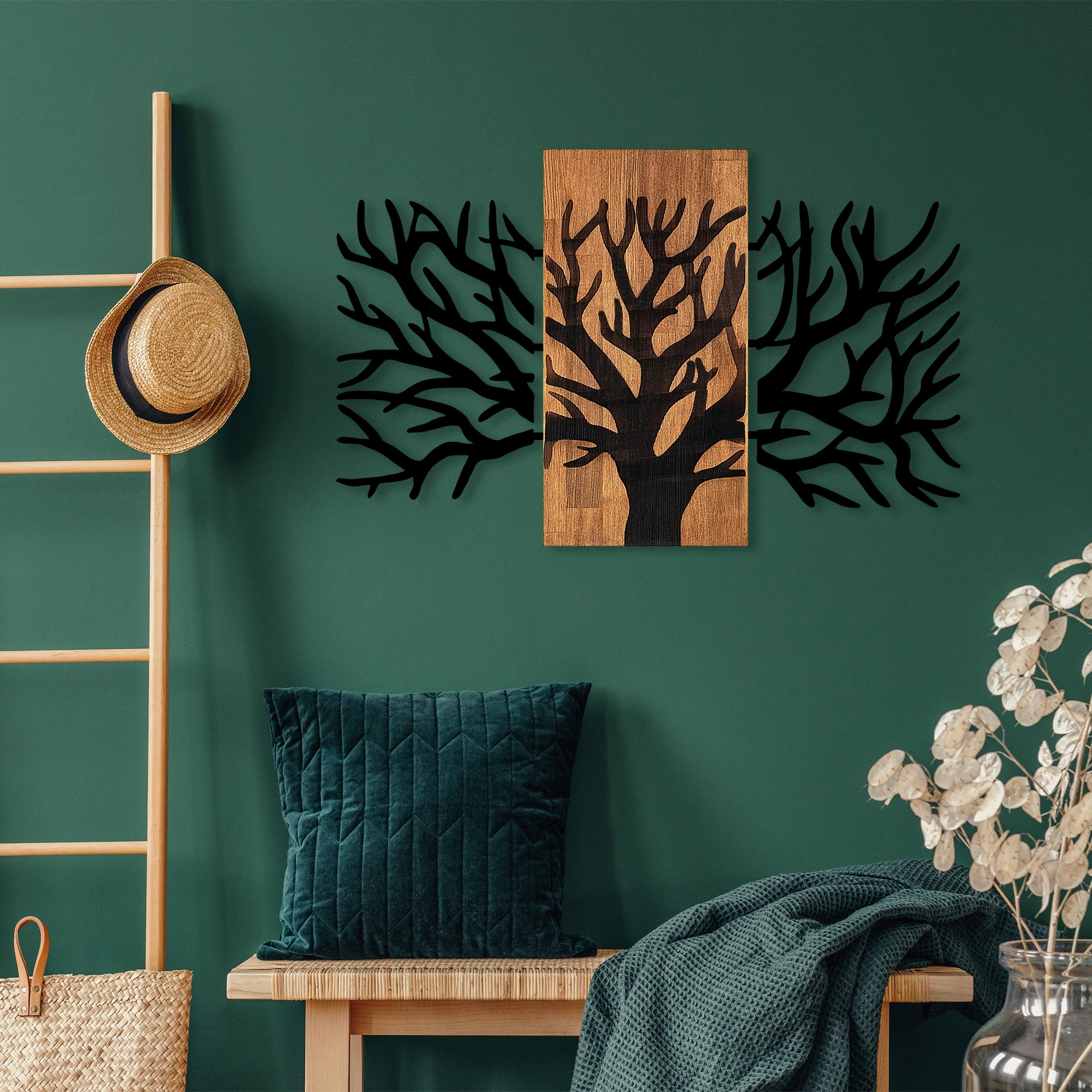 Aksesor dekorativ muri prej druri, Wallity, Horn Tree - 381, ngjyrë arre dhe e zezë, 59x96cm