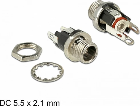 Konektor DC femër bulkhead DeLOCK 89910, 5.5 x 2.1 mm, panel mount, zi/nikel