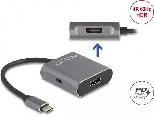 Splitter USB-C DeLOCK, DP Alt Mode, HDMI + DisplayPort, 4K 60Hz, PD 100W, gri