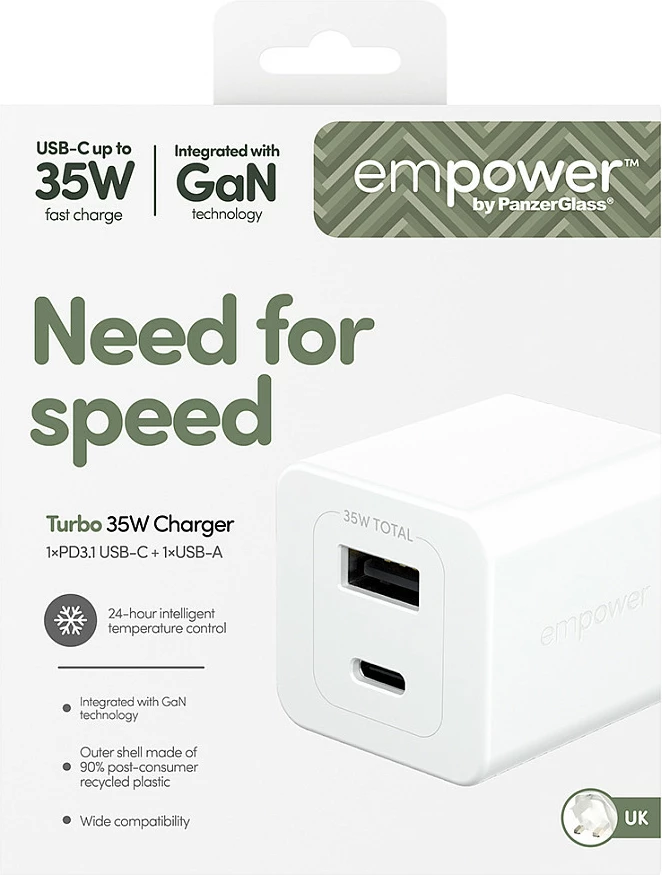 Karikues PanzerGlass empower Turbo 35W, USB-C + USB-A, prizë UK, i bardhë