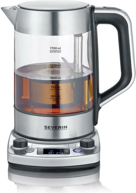 Çajnik elektrik/tea maker Severin WK 3422, inoks me funksion auto-lift, timer, e zezë