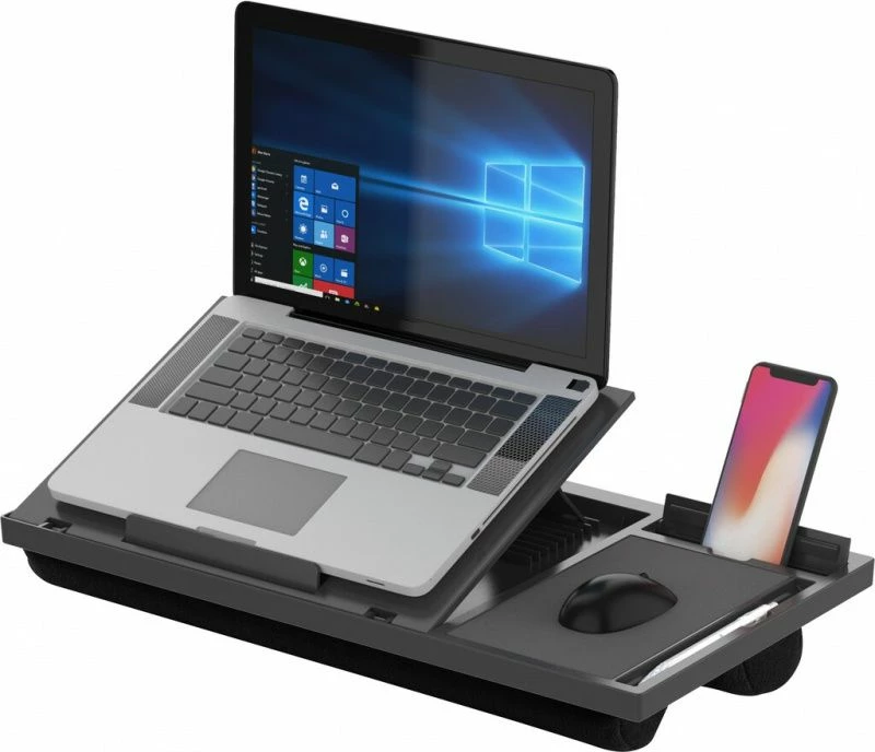 Mbajtëse laptopi Q-Connect KF14471, e rregullueshme në lartësi dhe kënd, me mauspad dhe mbajtëse telefoni, 51.8 x 28.1 x 5.9 cm, e zezë