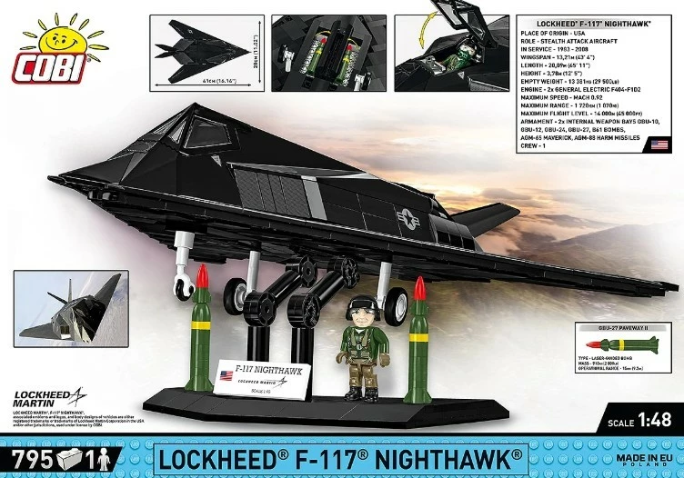 Set blloqe Cobi Lockheed F-117 Nighthawk, 795 pjesë, me figurë piloti, e zezë