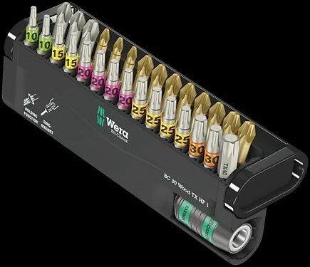 Set bitash Wera 29 copë, 1/4", PH, PZ, Torx Plus, me mbajtës dhe kuti, zi/metalik