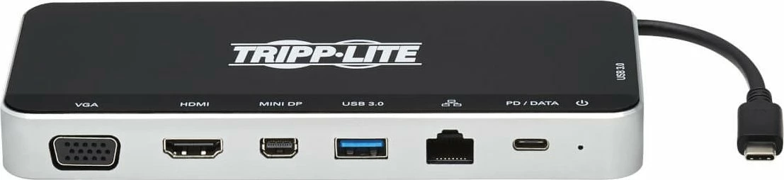 Docking station USB-C Eaton Tripp Lite U442-DOCK16-B, 60W Power Delivery, 4K, HDMI + Mini DisplayPort + VGA, 2x USB 3.0, USB-C, LAN Gigabit, zi/argjendtë