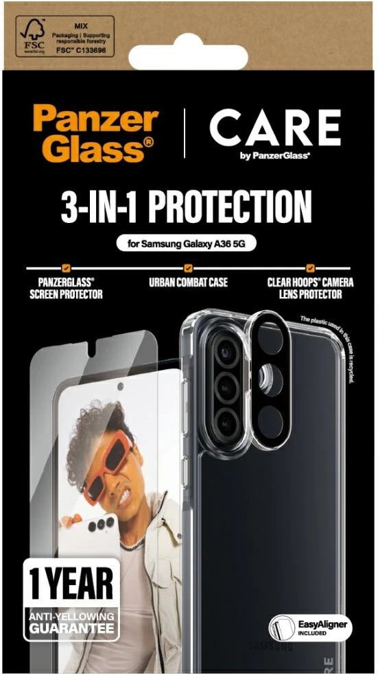 Set mbrojtës 3-në-1 për celular Samsung Galaxy A36 5G, PanzerGlass CARE, kasë + xham + mbrojtës lente, Transparent