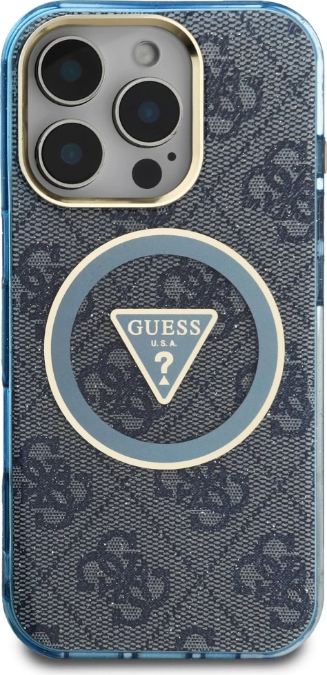 Mbështjellës Guess IML Metal Glitter 4G Circle Triangle MagSafe për iPhone 16 Pro Max, Blu