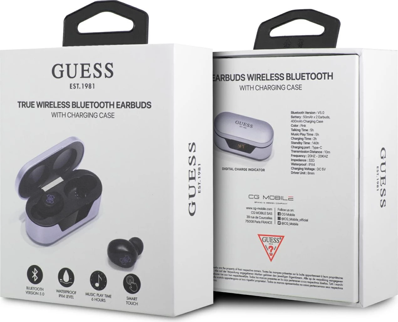 Kufje TWS Guess GUTWST31EU me Bluetooth 5.0, me stacion karikimi 400mAh, Violet
