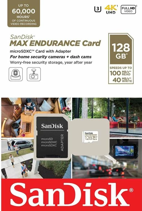 Kartelë memorje microSDXC SanDisk MAX ENDURANCE 128GB, U3/V30 + adapter SD, bardhë/zezë