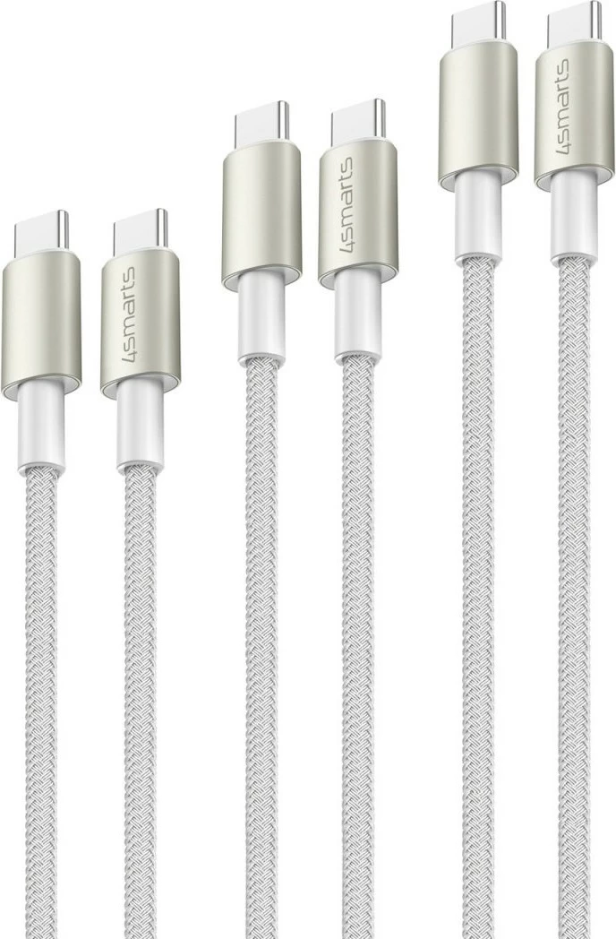Kabllo USB-C 4smarts PremiumCord 3m, set 3 copë, 60W, najlon, e bardhë