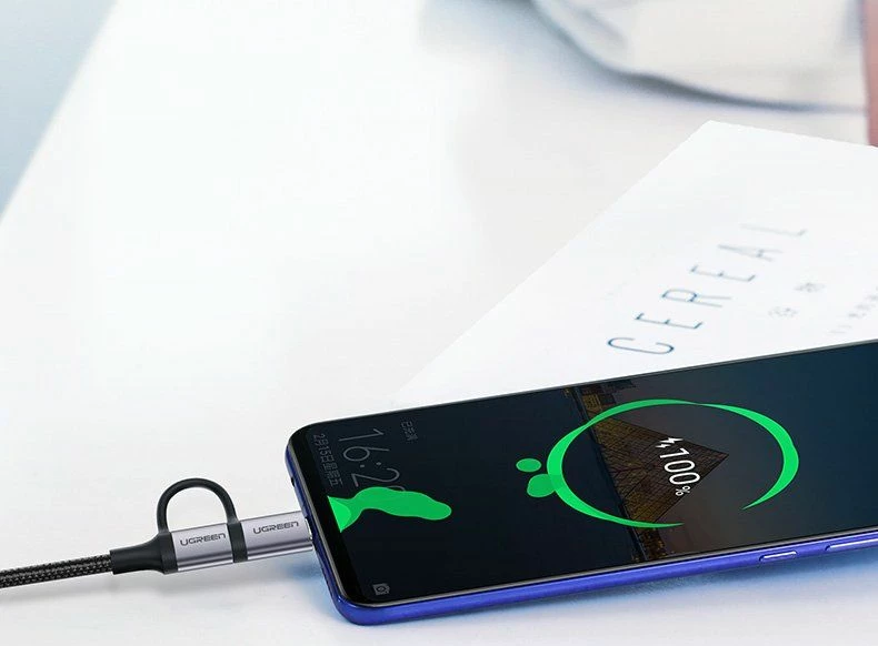 Kabllo USB Ugreen 30875 1 m, USB-A në microUSB + USB-C, 2.4A, e zezë