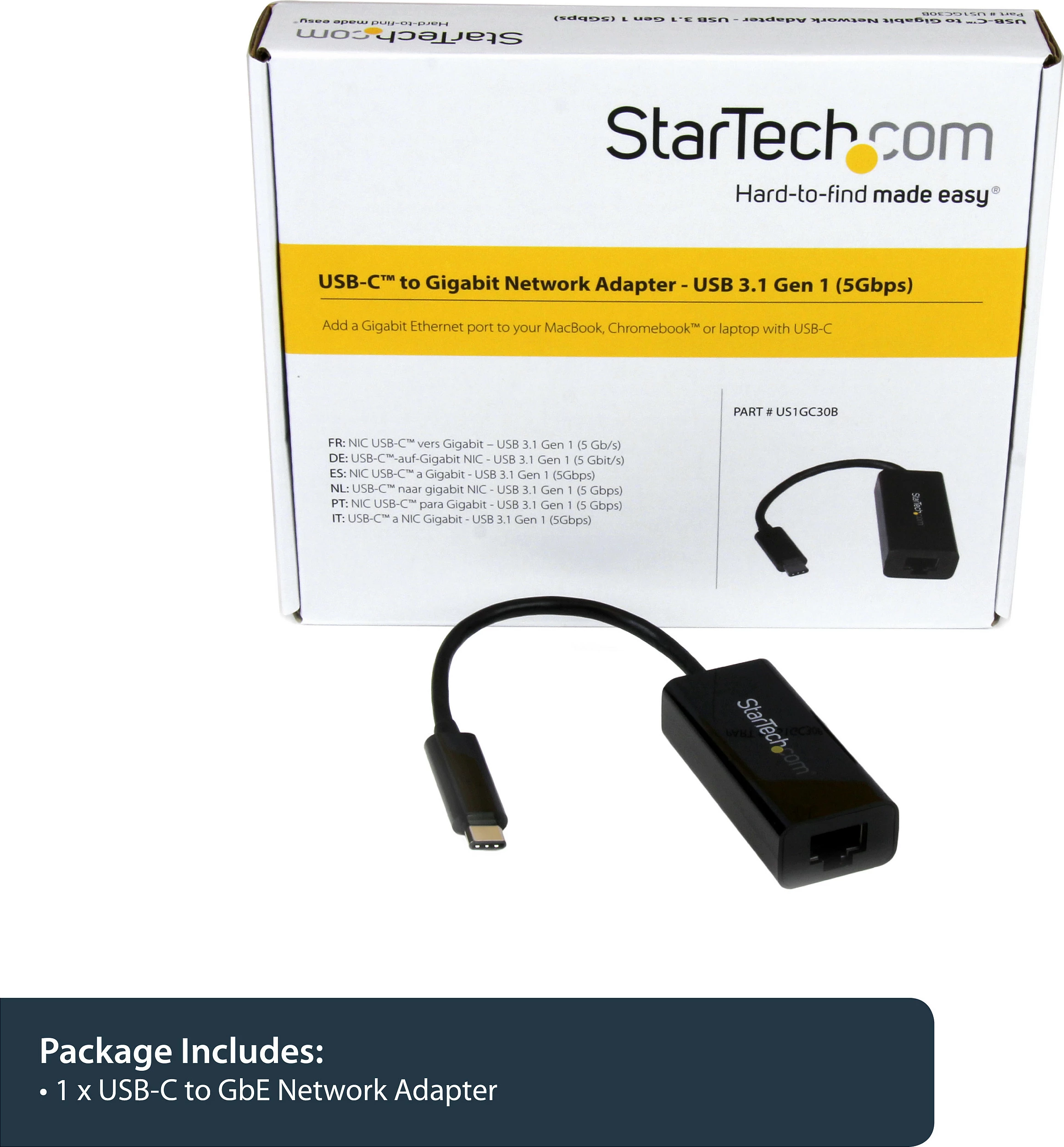 Adapter USB-C në Gigabit Ethernet StarTech, RTL8153, 1x RJ45, 10/100/1000 Mbps, i zi