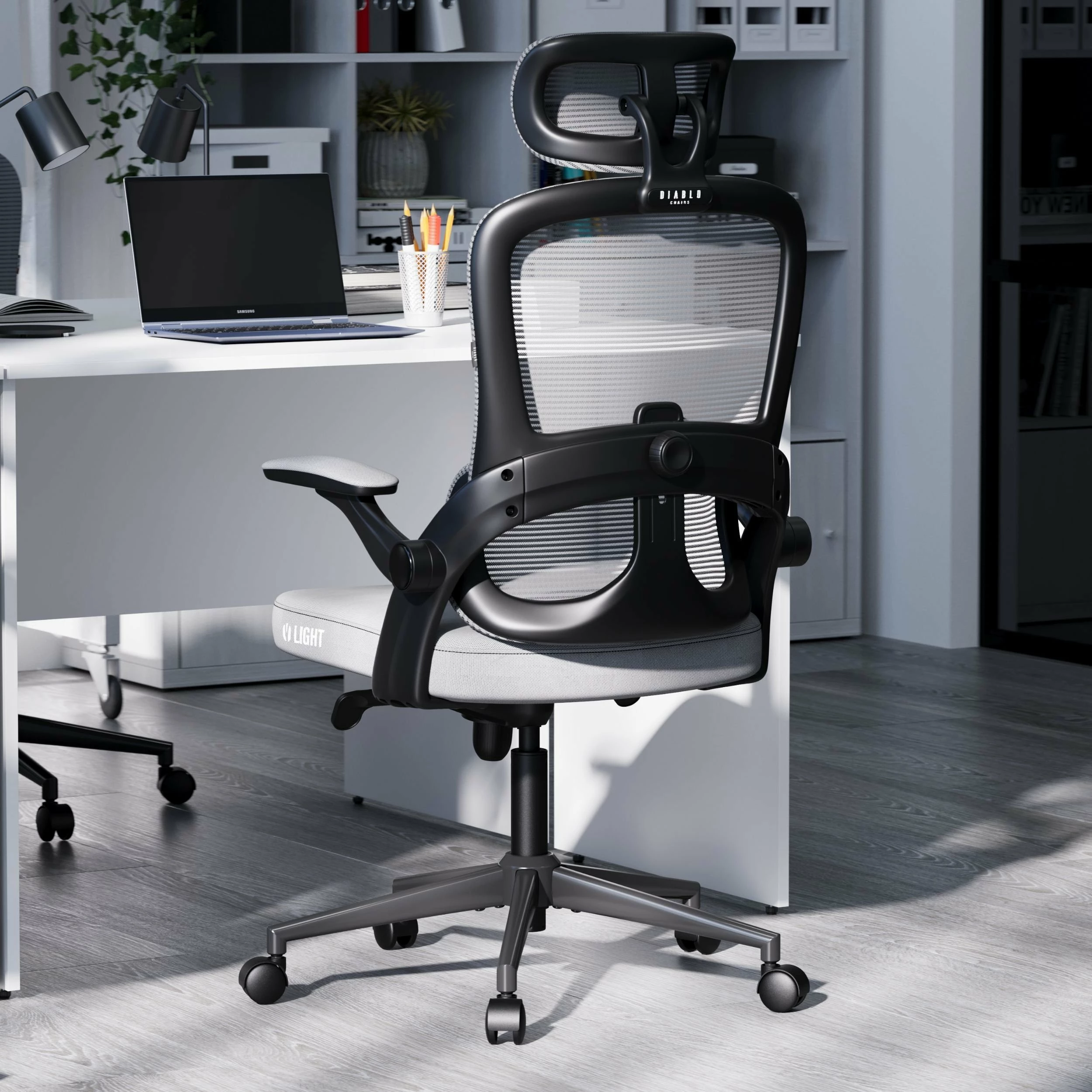 Karrige zyre ergonomike Diablo Chairs V-Light, rrjetë mesh, 3D mbështetëse krahu, gri