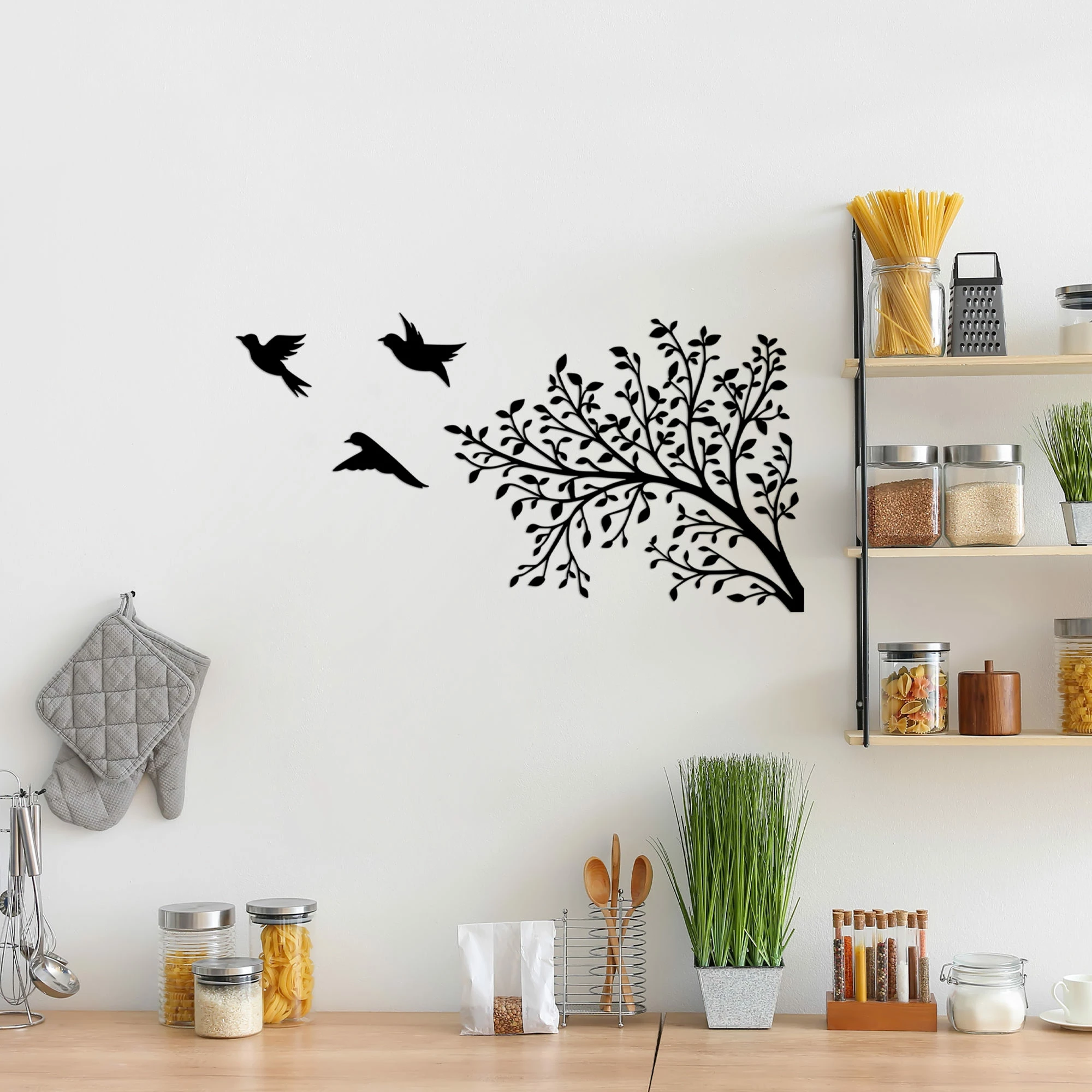 Aksesor dekorativ metalik për mur, degë me zogj, Wallity, 37x70cm