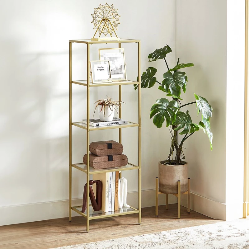 Raft metalik me sipërfaqe qelqi Letus, ngjyrë ari, 40x30x125cm