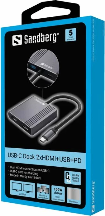 Stacion dokimi USB-C SANDBERG 136-44, 2x HDMI, USB-A, USB-C PD 100W, 4K/30Hz, alumin i zi/gry