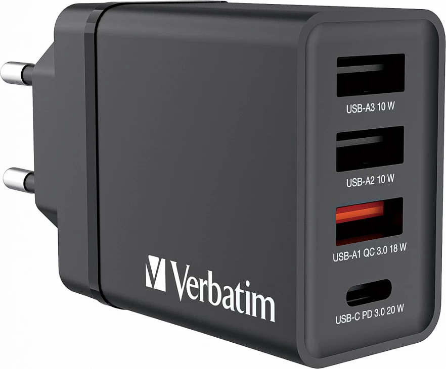 Karikues muri Verbatim 49700, 30W, USB-C PD 20W + 3x USB-A, prizë EU, i zi