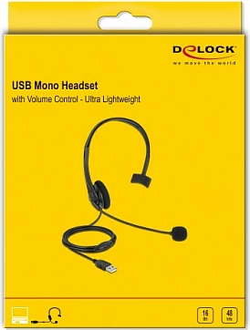 Kufje USB mono DeLOCK me mikrofon, kontroll volumit, 2.4 m, të zeza