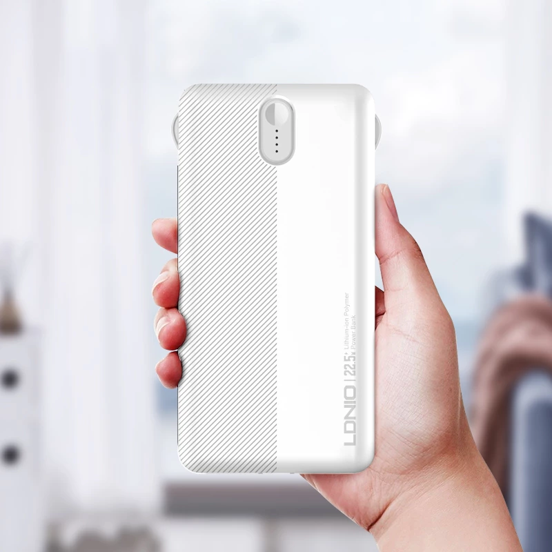 Power bank LDNIO PQ13 10000mAh 22.5W me kabllo të integruara USB-C + Lightning (1C1L) dhe 1x USB-A, e bardhë