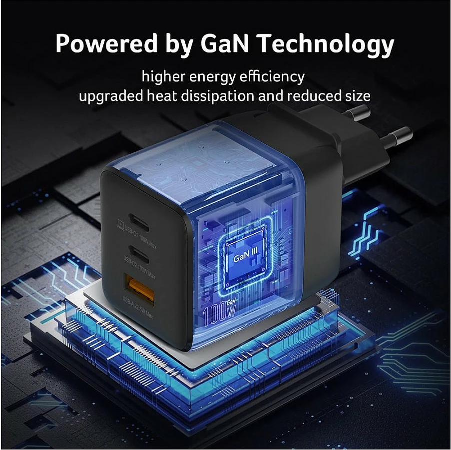 Karikues Acer GaN 100W, 2x USB-C + 1x USB-A, USB PD 3.0, i zi