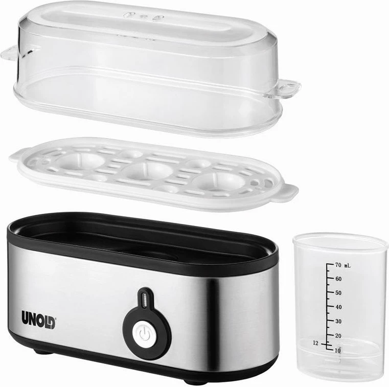 Zierës vezësh UNOLD 38610, 3 vezë, çelik inox/plastik, alarm, i zi