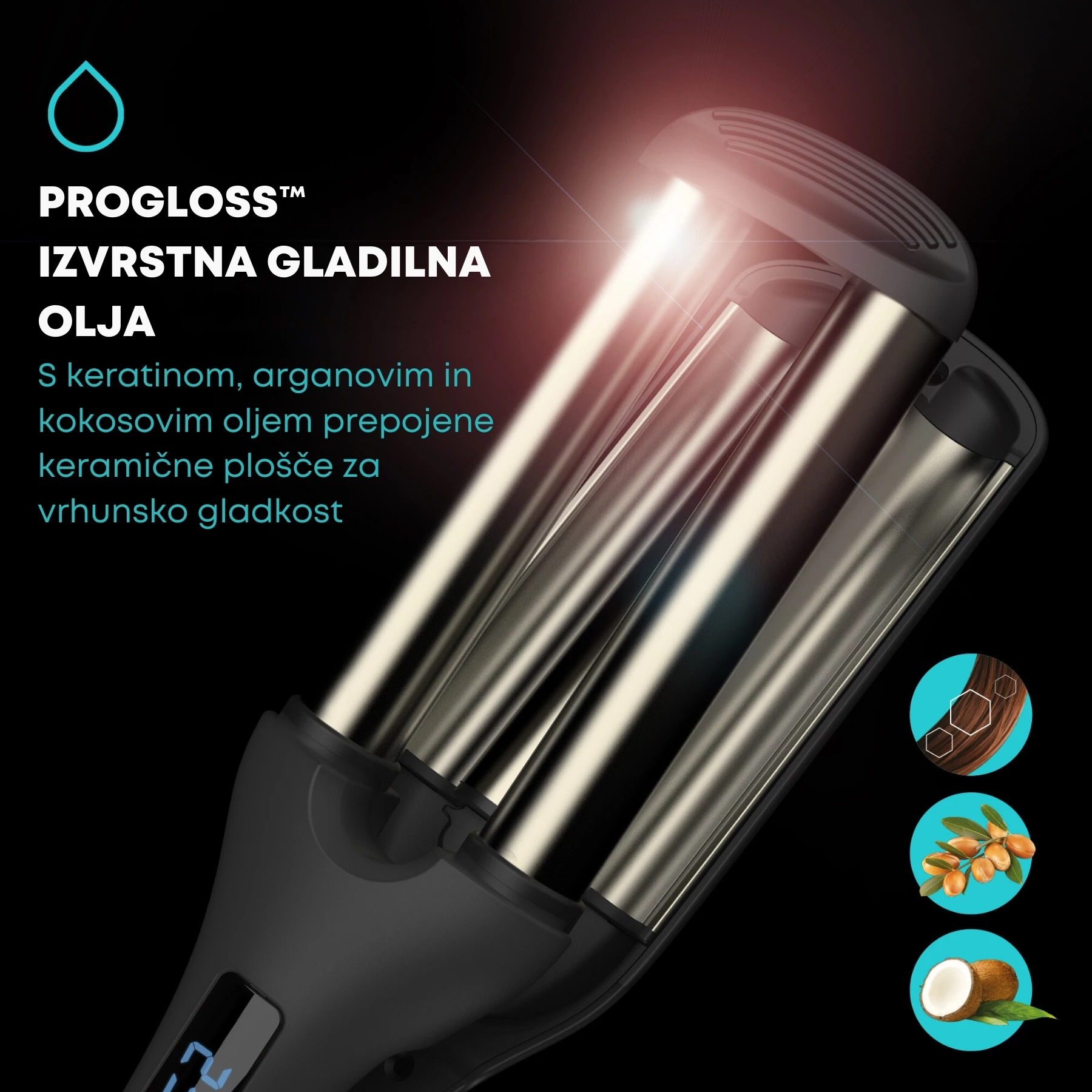 Hekur valëzues për flokë Revamp Progloss Wave Define WV-1750, triple 19 mm, 80–230°C, zi/argjendtë, me dorezë termike