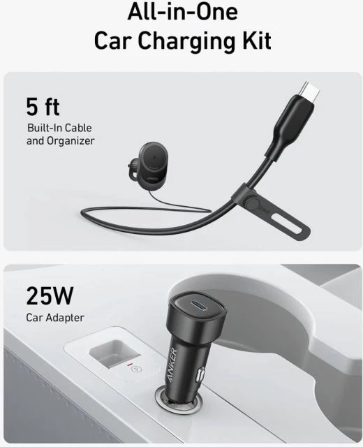 Karikues wireless për veturë, Anker MagGo B2932G11, 15W, me kabllo USB-C të integrume 1.5m, set me adapter 25W, e zezë