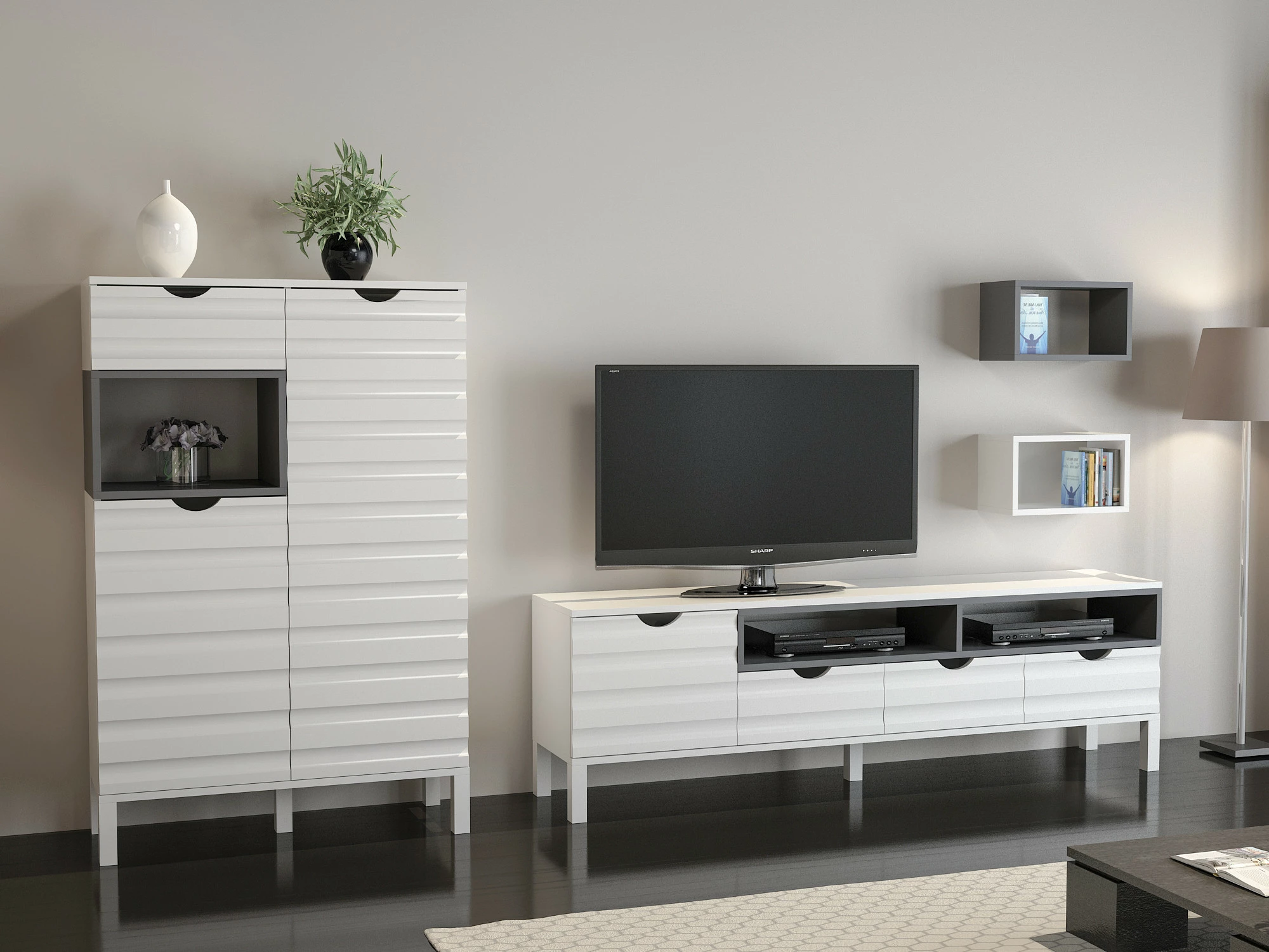 Komodë TV Skye Decor, bardhë dhe antracit, Adel