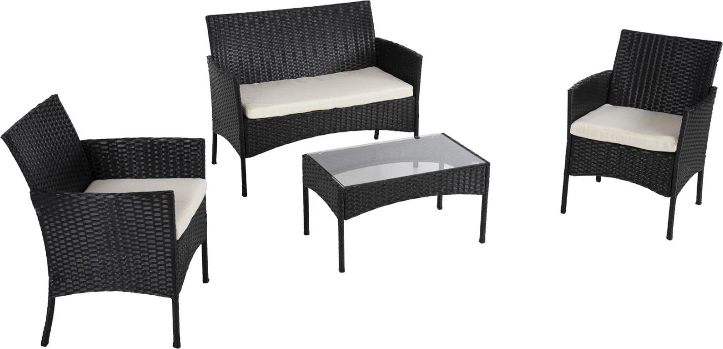 Set salloni për jashtë 4 pjesë STASIA FH6089.04 ratan sintetik në të zezë-jastëkë në bezhë