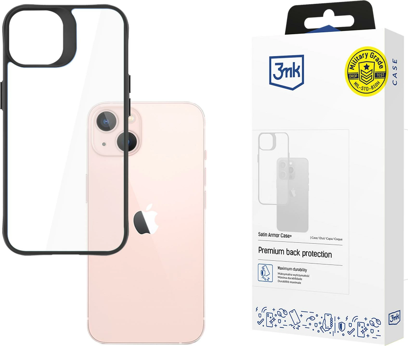 Mbështjellës 3mk Satin Armor Case+ për iPhone 14, i zi, Transparent