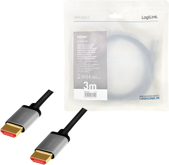 Kabllo HDMI LogiLink CHA0106, 3m, 8K/60Hz, alumini, e zezë/gri