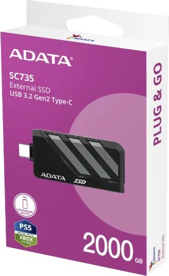SSD i jashtëm Adata SC735, 2TB, USB 3.2 Gen2 Type-C, Zi/Gri