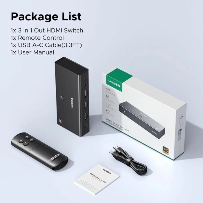Switch HDMI UGREEN 55857 3-hyrje/1-dalje 4K@60Hz HDR10+ me telekomandë, i zi